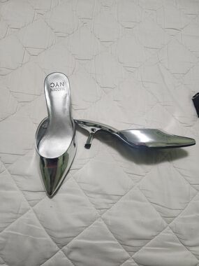 Madden NYC Metallic Silver Pointed-Toe Kitten Heel Mules